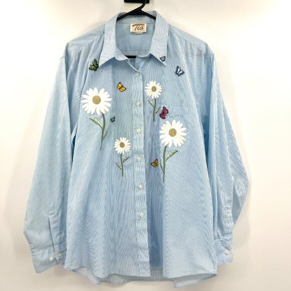 Vintage Tia Designs Embroidered Button Front Shirt Butterflies Flowers Women's L - Picture 1 of 5
